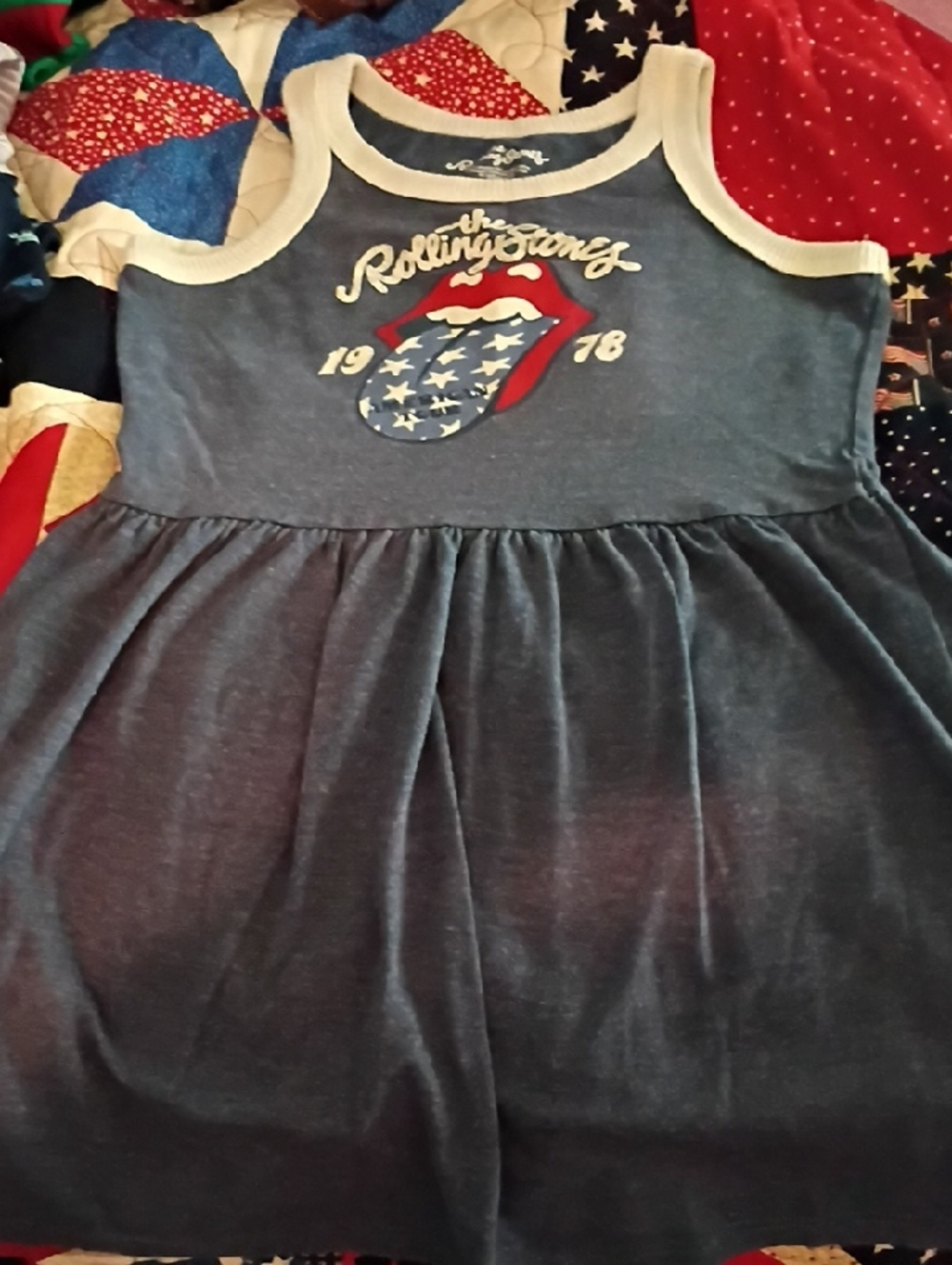 the Rolling Stones Blue Tank Dress with Red & White Tongue Graphic